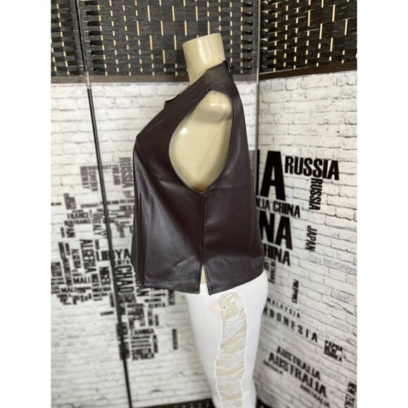 Halogen Nordstrom L Chocolate Brown Faux Leather Crew Neck Sleeveless Shell Top - Picture 4 of 5